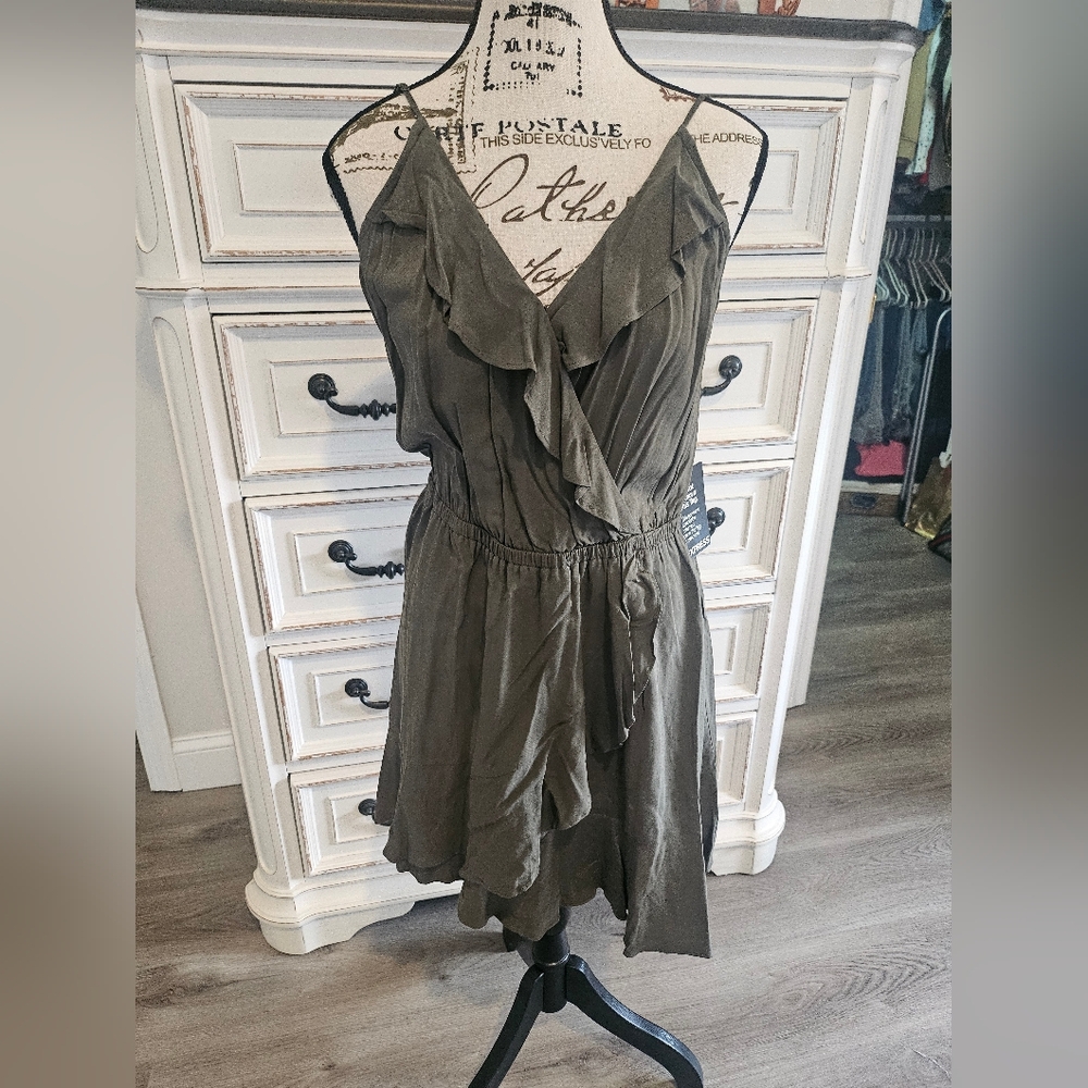 NWT Express Olive Green Ruffle V-Neck Dress